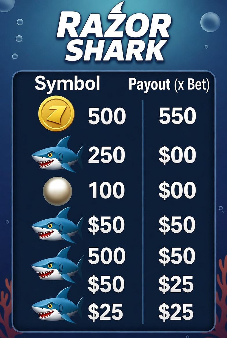 Razor Shark paytable with images of shark symbols and their coefficients