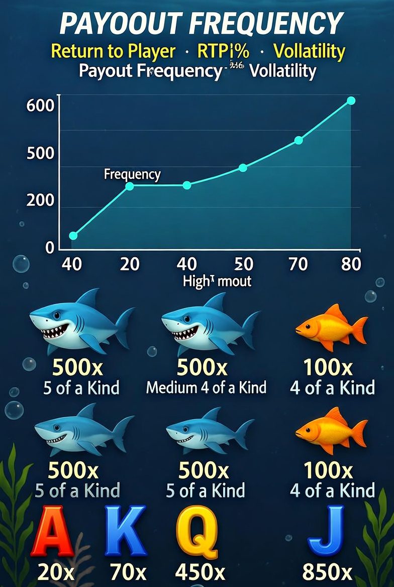 RTP and volatility chart for Razor Shark slot with examples of payout frequency