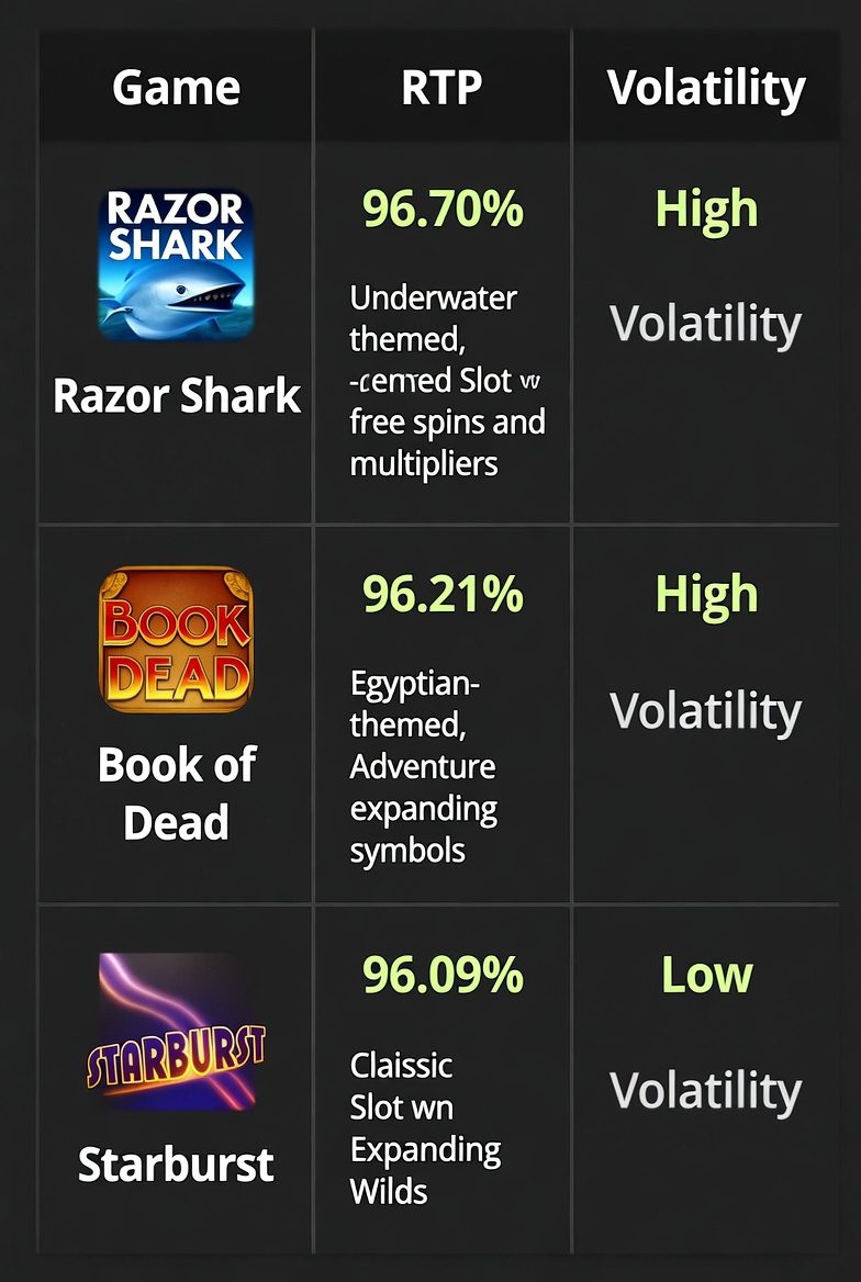 Comparison table of Razor Shark, Book of Dead, and Starburst slots by RTP, volatility, and bonuses