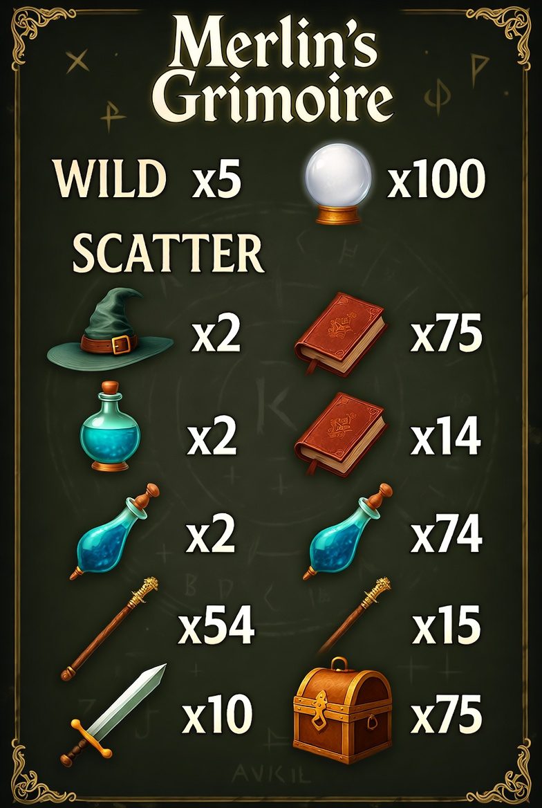 Таблица выплат символов в слоте Merlin's Grimoire с указанием коэффициентов Wild и Scatter