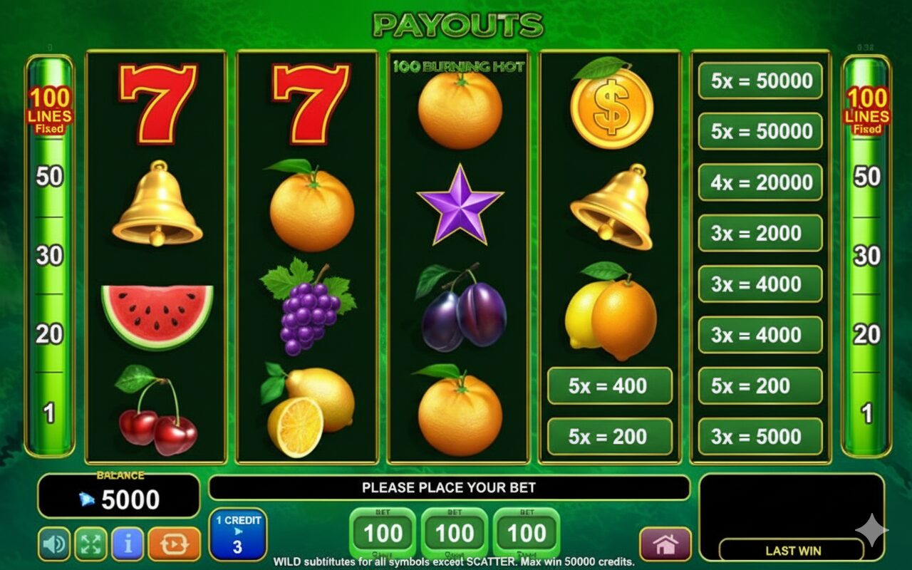 Таблица выплат символов в Burning Hot 100