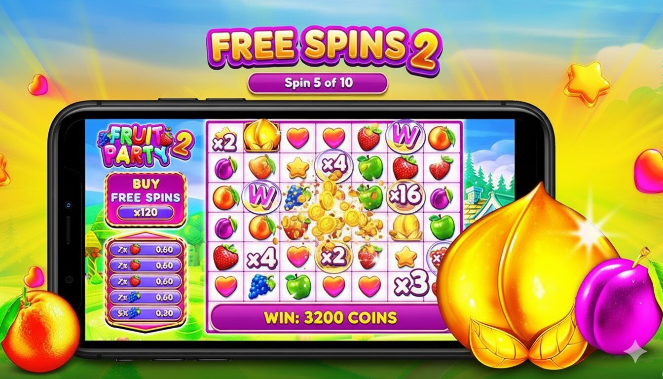 Бонусный раунд Free Spins в слоте Fruit Party 2 с накопительными мультипликаторами