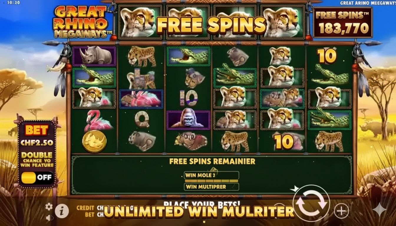 Бонусный раунд фриспинов в Great Rhino Megaways