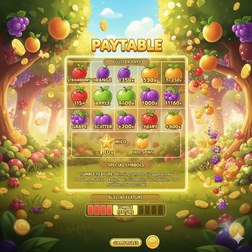 Таблица символов и выплат в игре Fruit Party