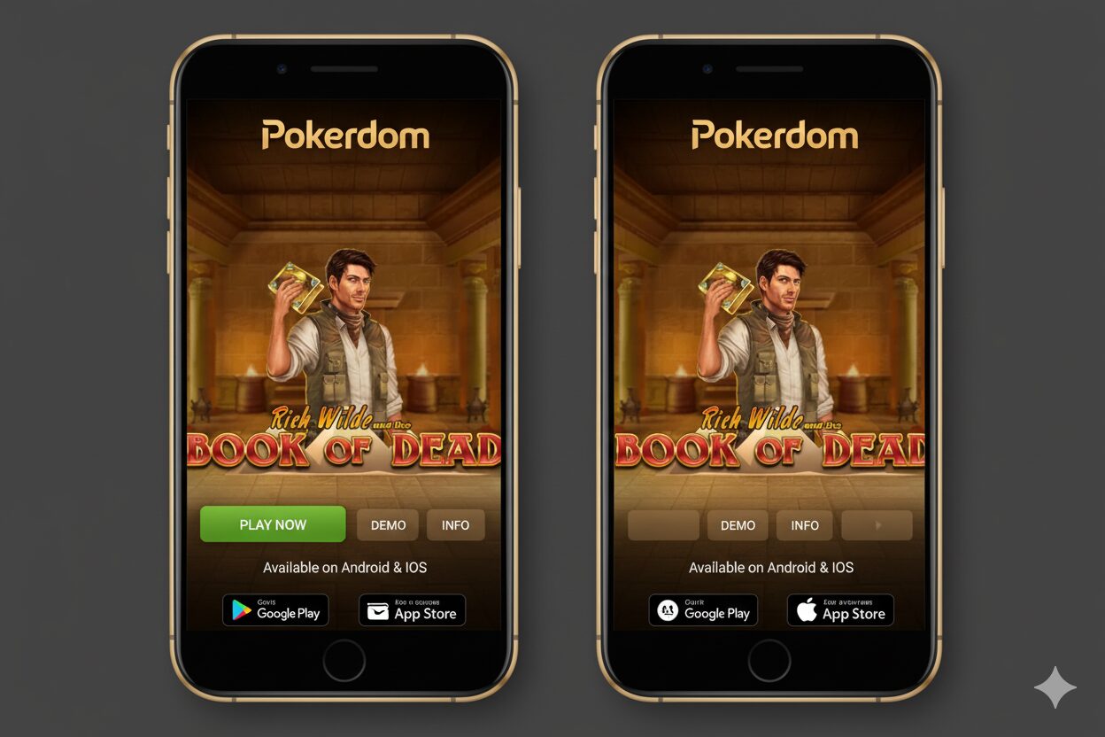 Android және iOS жүйелерінде Book of Dead ойнауға арналған Pokerdom Мобильді Қосымшасы тақырыбына фотосурет жасаңыз. Дизайнды менің фотосуретімнен алыңыз