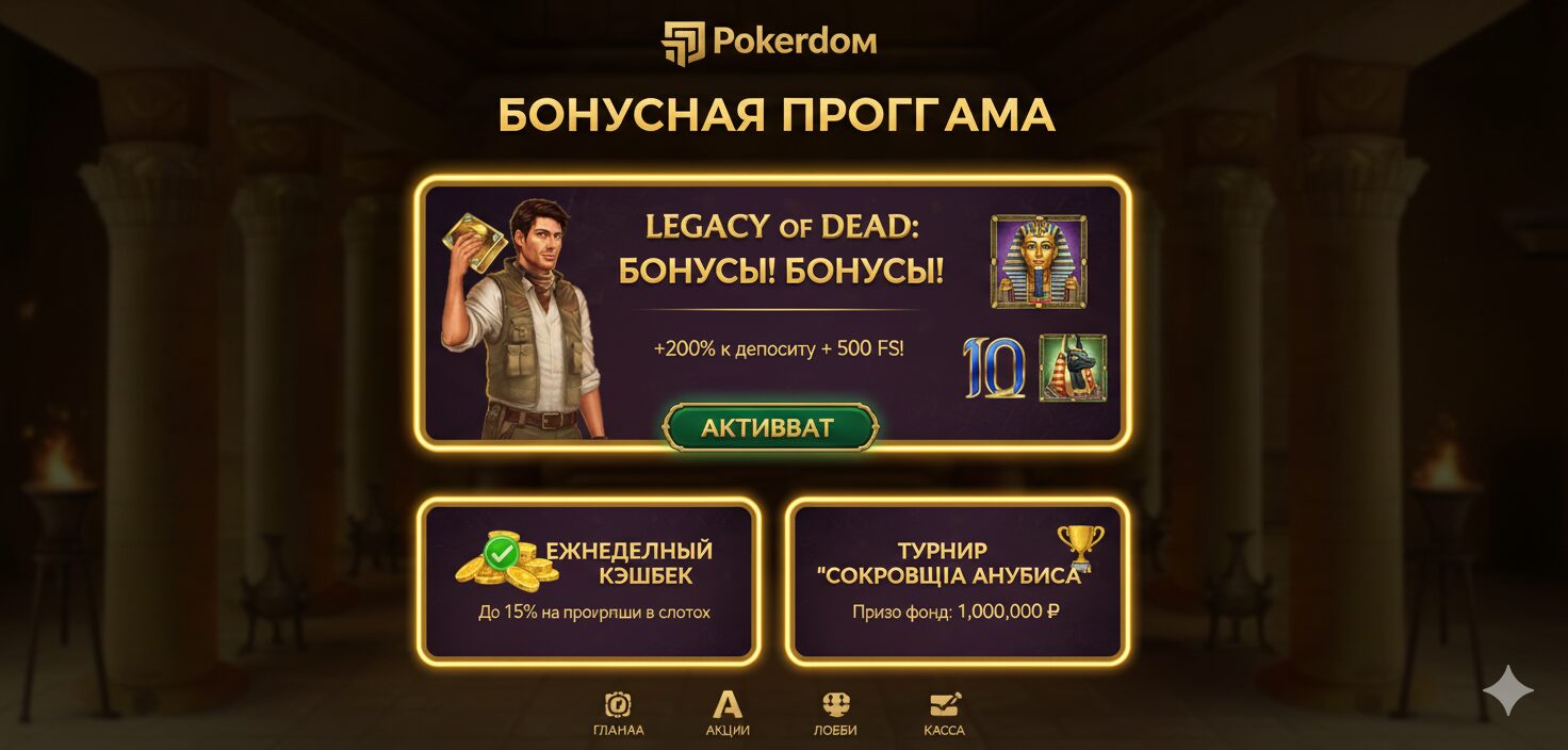 Интерфейс бонусной программы Pokerdom с акциями для слота Legacy of Dead