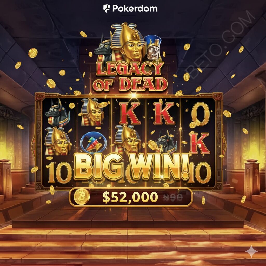 Скриншот крупного выигрыша в слоте Legacy of Dead на Pokerdom