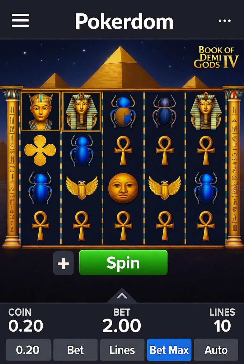 Интерфейс мобильной версии Book of Demi Gods IV в приложении Pokerdom