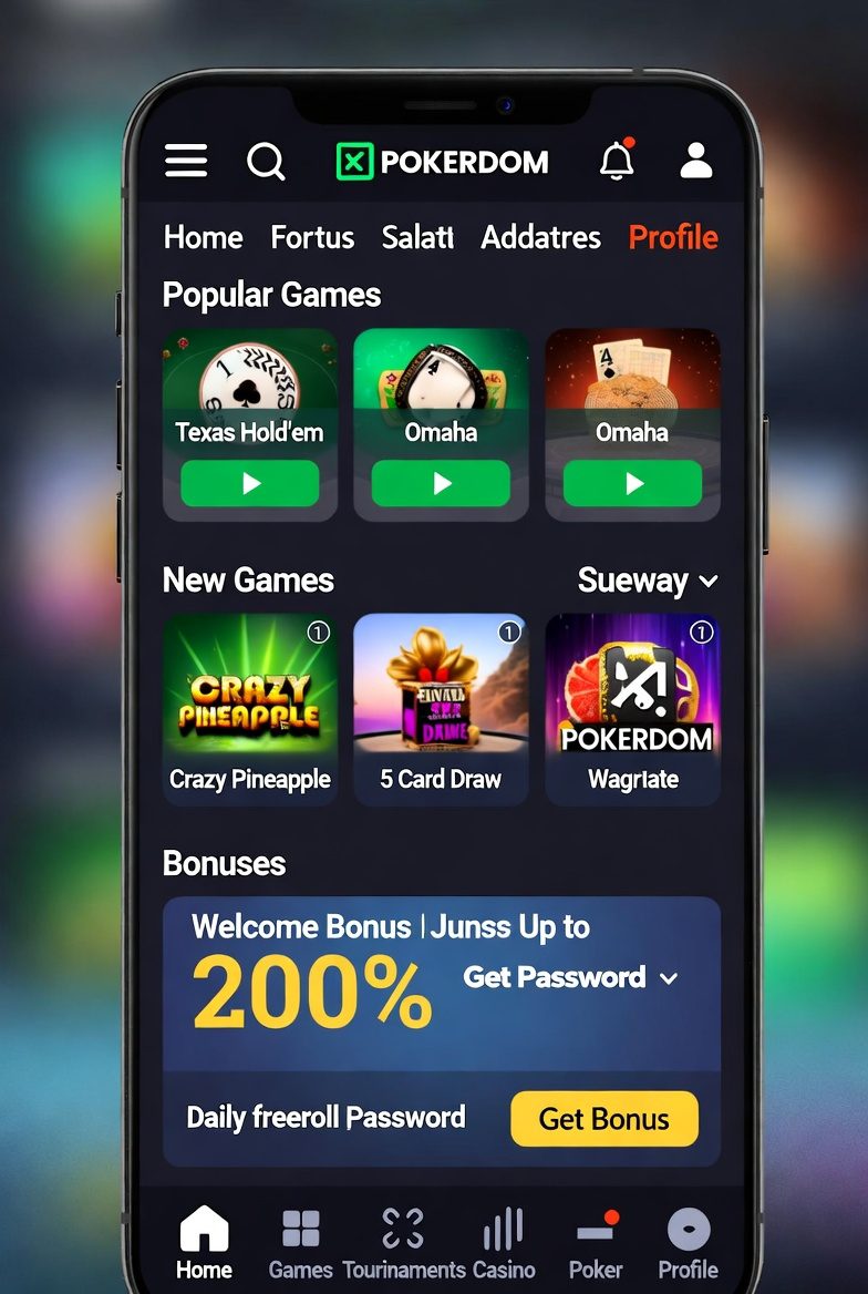 Интерфейс мобильного приложения Pokerdom на Android и iOS