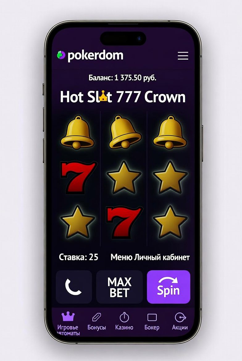 Pokerdom mobile app interface with Hot Slot 777 Crown slot running