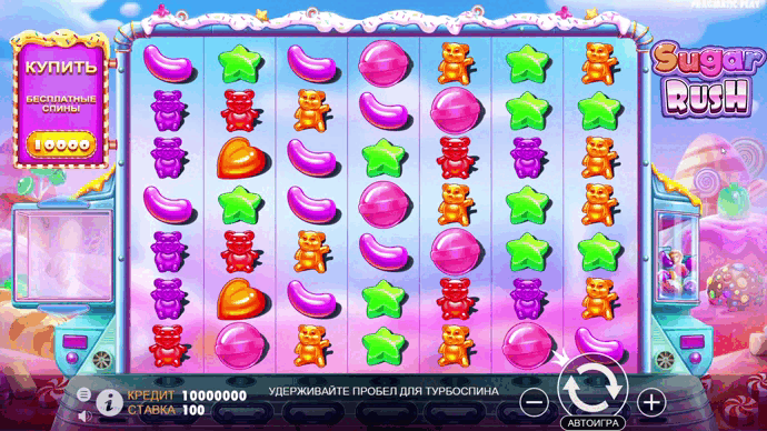 The interface of the Sugar Rush slot at Pokerdom Casino with the game field